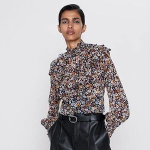 Zara NEW Womens Size XS Floral Chiffon Long Sleeve Ruffled Blouse Crop Top